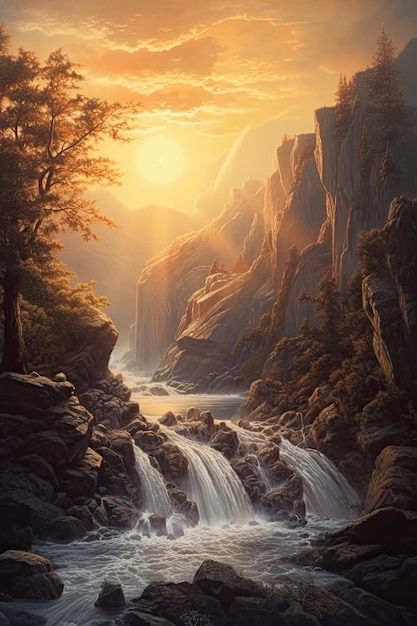 Красивый вертикальный пейзаж с высоким горным водопадом и рекой Генеративный AI