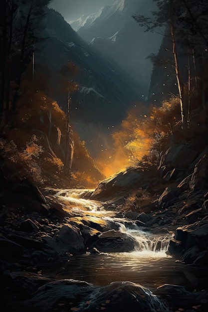 Beautiful vertical landscape with tall mountains waterfall and a river Generative AI