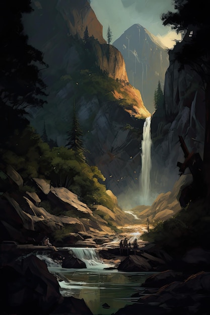 Beautiful vertical landscape with tall mountains waterfall and a river Generative AI