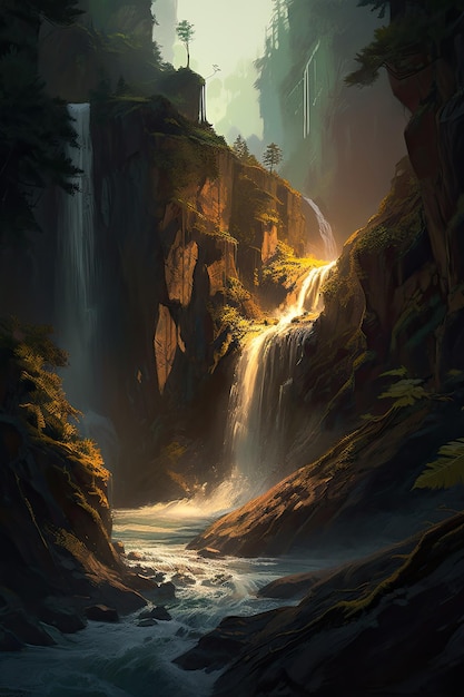 Beautiful vertical landscape with tall mountains waterfall and a river Generative AI