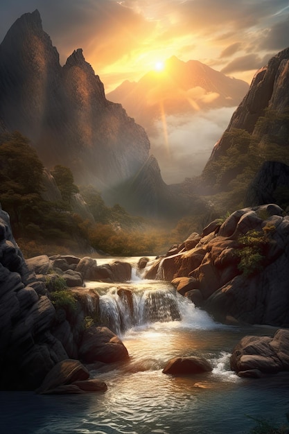 Beautiful vertical landscape with tall mountains waterfall and a river Generative AI