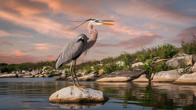 Beautiful vertical shot of a long legged freshwater bird called heron standing on a rock