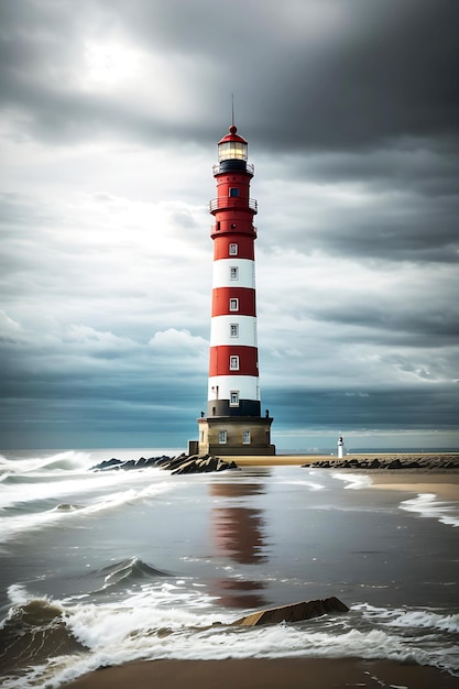 Beautiful Vertical Shot Of A Red And White Striped Lighthouse Tower At The Beach