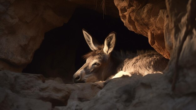 Beautiful very tired mule sleeps mountain cave Ai generated art