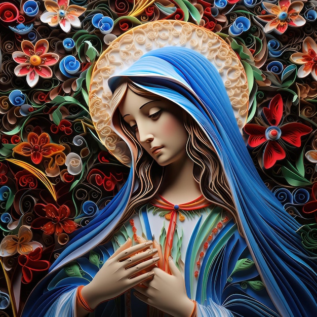예수의 성모 마리아 어머니의 아름답고 활기찬 다채로운 종이 퀼링 예술 개념