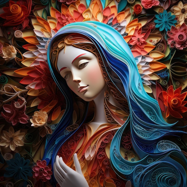 Beautiful vibrant colorful paper quilling art concept of Virgin Mary mother of Jesus