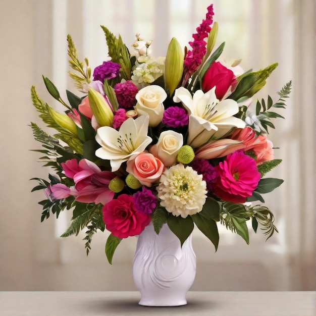 Beautiful and vibrant flowers bouquet with modern vase