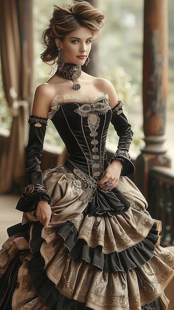 Beautiful Victorian era girl in dark chic dress Vintage photo High resolution