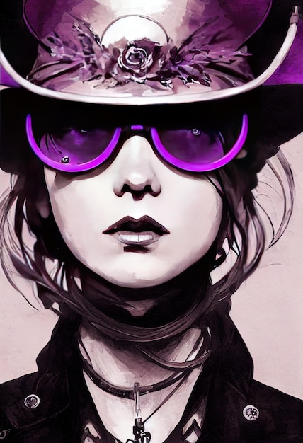 Beautiful victorian female vampire hunter portrait profile\
cowboy hat and circular glasses ink painting purple background 3d\
style digital art illustration