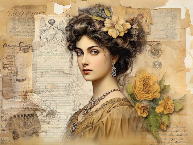 Beautiful victorian woman with jewelry and flowers decoration Old paper background