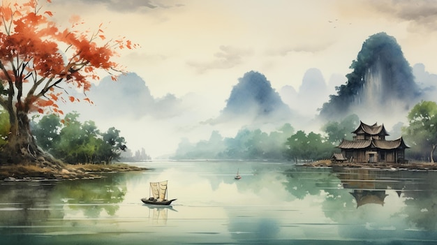 Красивый вьетнамский акварельный пейзаж картина маслом изображение, созданное ИИ