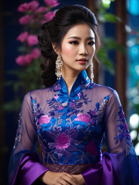 紫色のアオザイを着た美しいベトナムの女の子