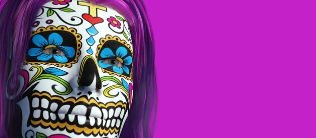 A beautiful view of 3d illustration with mexican skull painting Colorful background