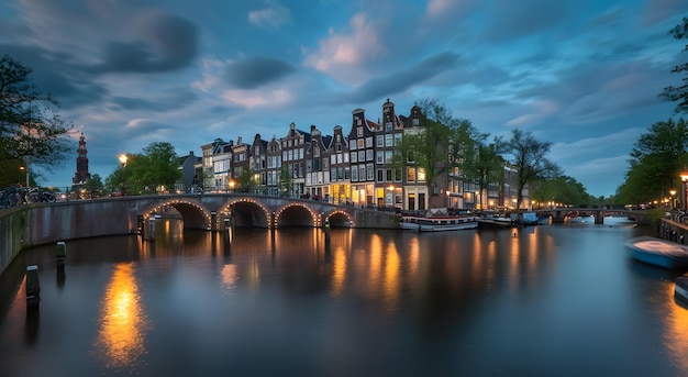 A beautiful view of amsterdam canal with a bridge