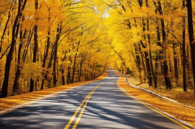 Beautiful view of asphalt road going through autumn forest