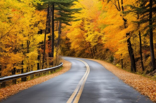 Beautiful view of asphalt road going through autumn forest