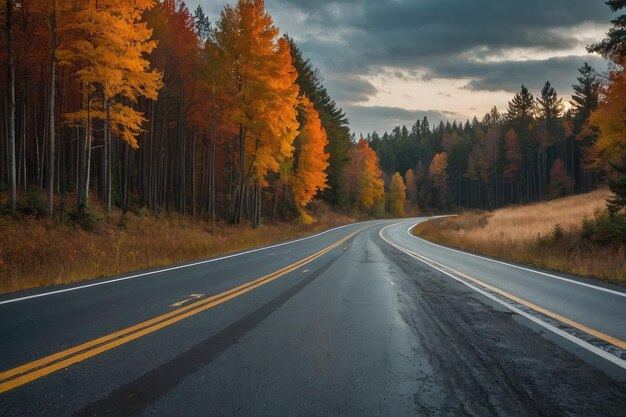 Beautiful view of asphalt road going through autumn forest