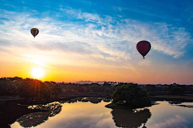 A beautiful view of balloons in Bagan city Myanmar