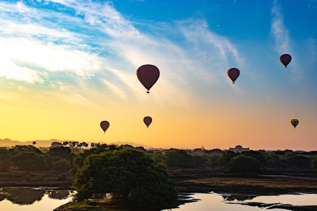 A beautiful view of balloons in Bagan city Myanmar