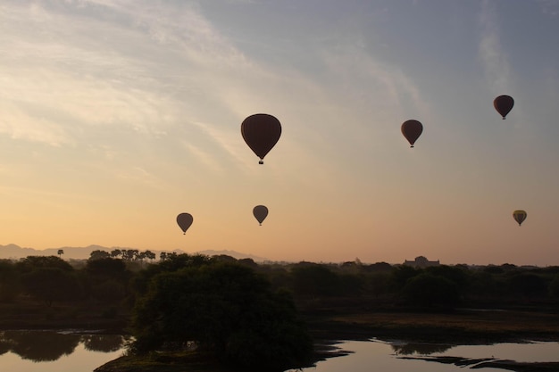 A beautiful view of balloons in Bagan Myanmar