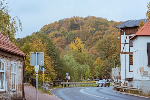 Splendida vista su una bellissima foresta autunnale e case su una vecchia strada europea in un autunno soleggiato