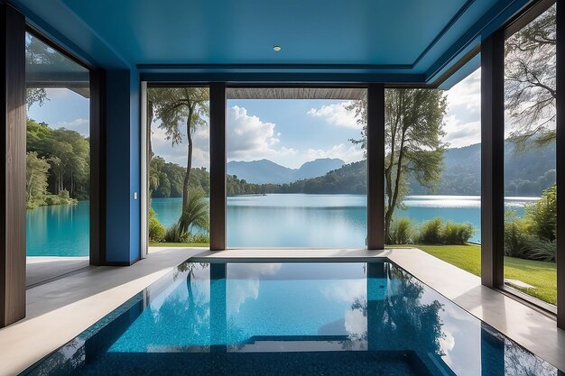 Beautiful view of a blue lake captured from the inside of a villa