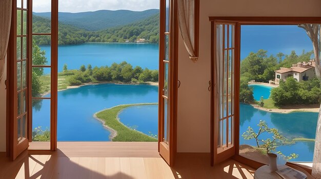 Beautiful view of a blue lake captured from the inside of a villa