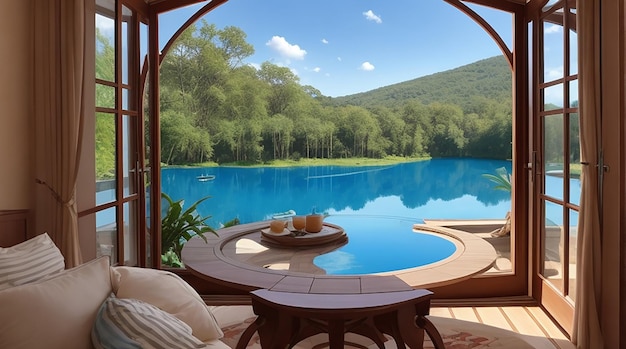 Beautiful view of a blue lake captured from the inside of a villa