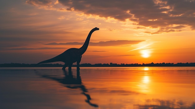 Photo beautiful view of brachiosaurus dinosaur at sunset generative ai