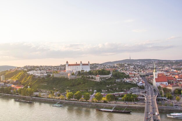 Beautiful view of the Bratislava castle on the banks of the Danube in the old town of Bratislava
