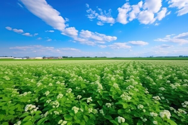 Beautiful view of buckwheat field under blue sky