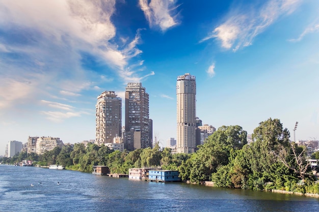 Beautiful view of the buildings on the waterfront of Zamalek Island in Cairo, Egypt