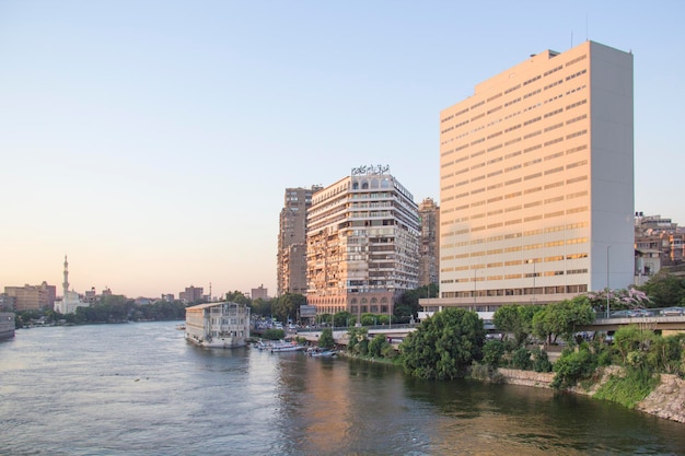 Beautiful view of the buildings on the waterfront of Zamalek Island in Cairo, Egypt