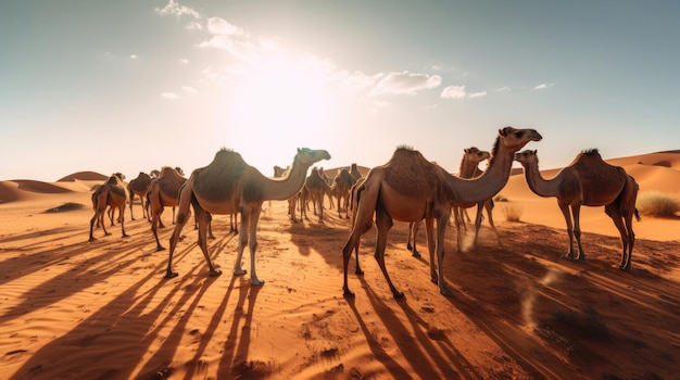 Beautiful view of camels in the desert