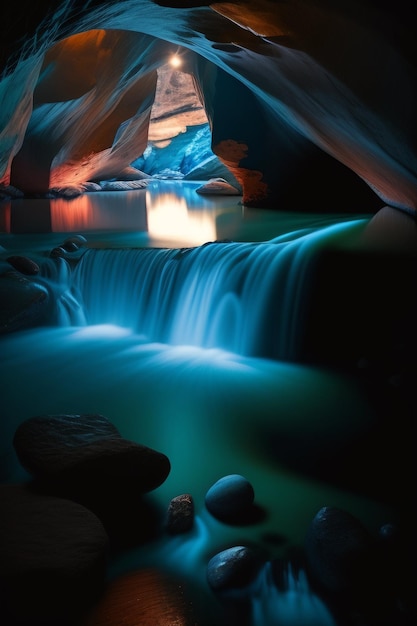 beautiful view in cave with waterfall