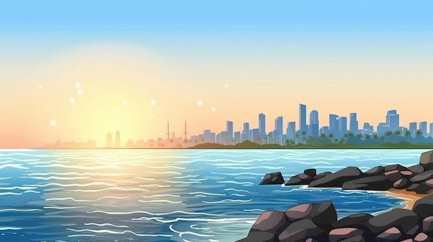 Photo beautiful view of the city from the beach landscape background illustration