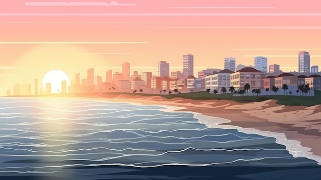 beautiful view of the city from the beach landscape background illustration