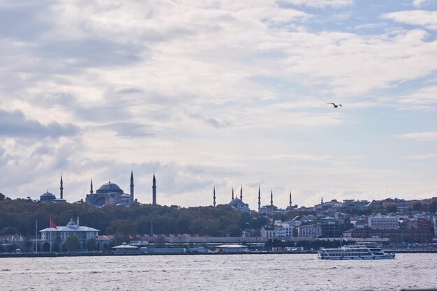 Beautiful view of the city of Istanbul the sea with a ship a blue sky with gray clouds and a flying seagull Turkey