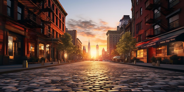 Beautiful view of City street at sunset 3d rendering