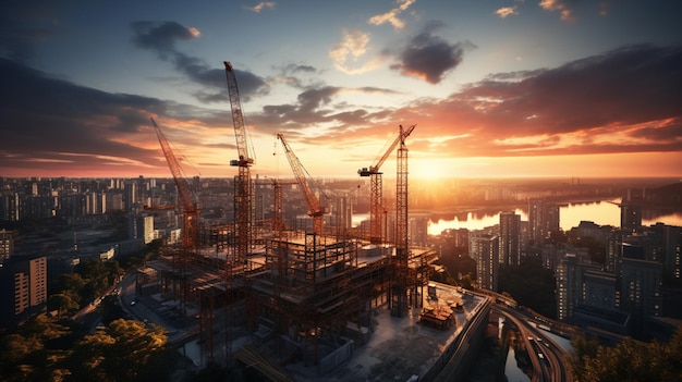 Photo beautiful view of a construction site in a city during sunset