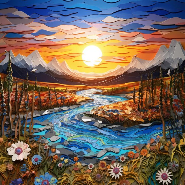 Beautiful view of denali national park falcon paper quilling landscape paper art paper illustratio