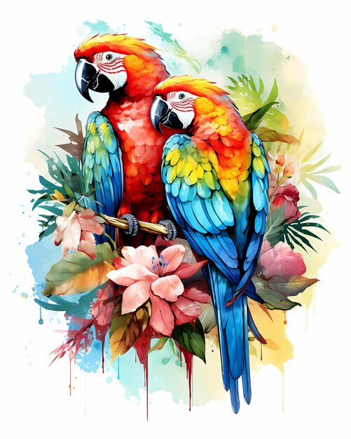 Beautiful view of different watercolor parrots on a white background