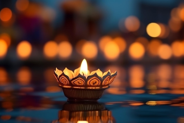 Beautiful view of diwali lamps on the water