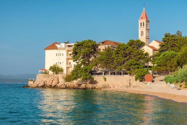 Beautiful view of Dominician monastery and Martinica beach on Adriatic sea Bol Brac island Croatia