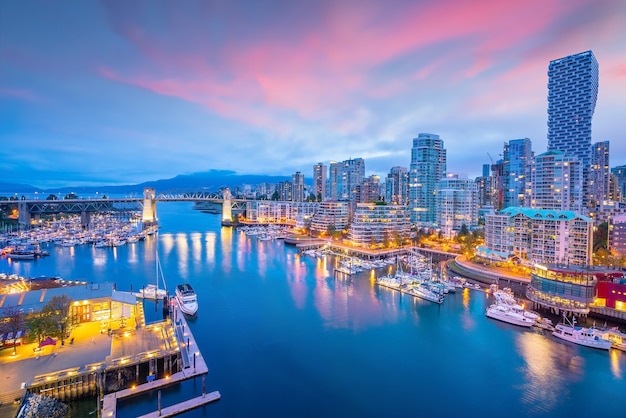 Beautiful view of downtown Vancouver skyline, British Columbia, Canada at sunset