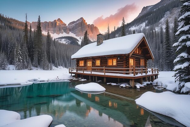 Beautiful view of Emerald Lake with snow covered and wooden lodge glowing in rocky mountains and pine forest on winter at Yoho national park