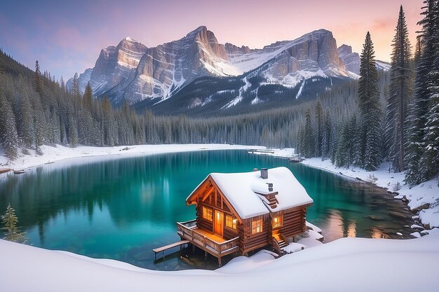 Beautiful view of Emerald Lake with snow covered and wooden lodge glowing in rocky mountains and pine forest on winter at Yoho national park