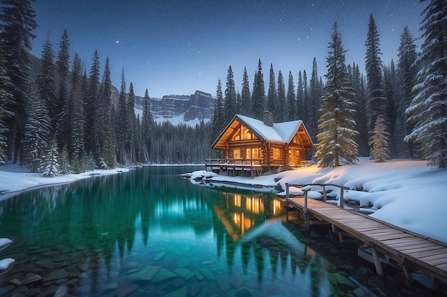 Прекрасный вид на изумрудное озеро с деревянной домиком и снегопадом в сосновом лесу