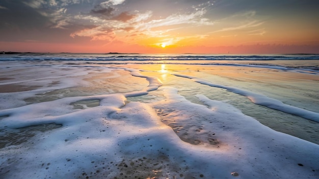 Photo beautiful view of the foamy waves on the beach under the sunset captured in domburg netherlands