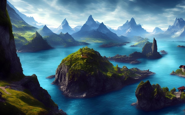Beautiful view of foggy mountain and lake with dramatic sky background 3D rendering